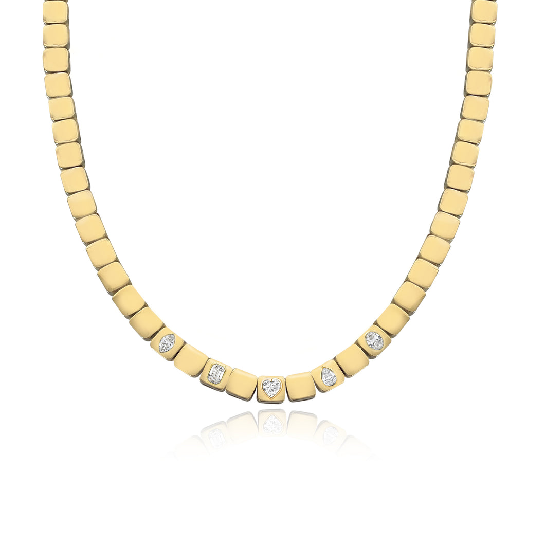 Large Five Solitaire Diamonds Golden Square Necklace