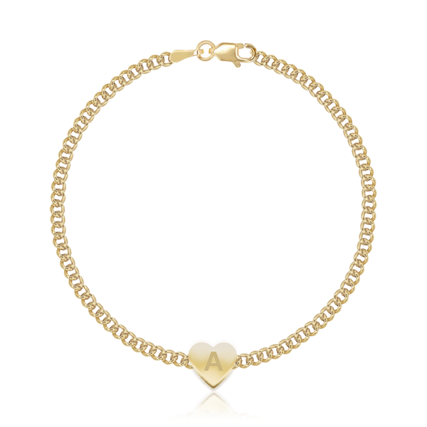 Gold Heart Cuban Chain Bracelet in 14k gold, romantic luxury jewelry for personalized gifting.