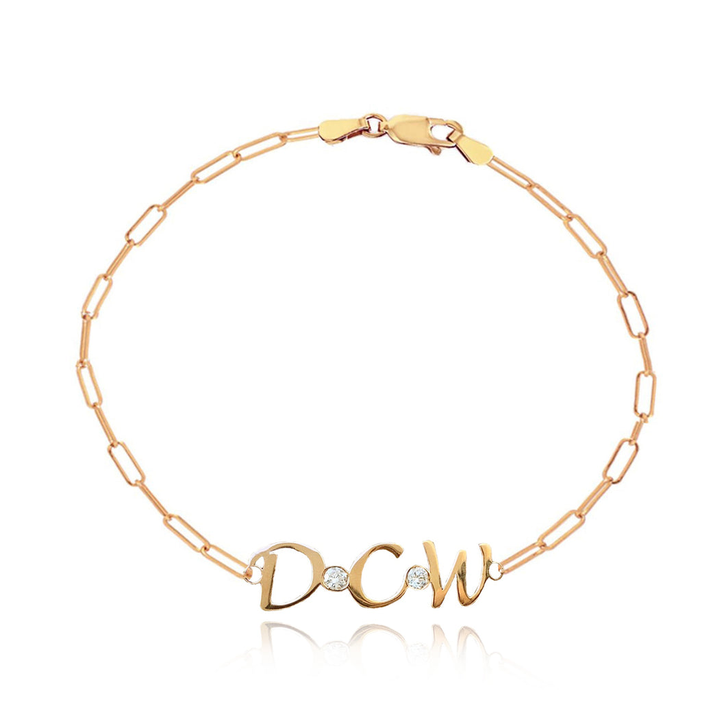 Gold Initials and Bezel Paperclip Bracelet
