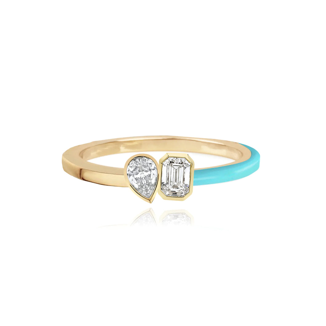 Two-Diamonds Bezel Half Enamel Half Gold Ring