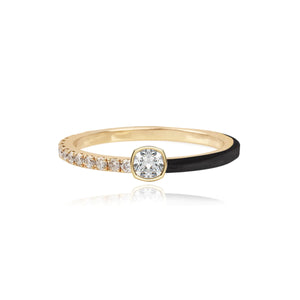 Half Pave and Half Enamel Solitaire Bezel Diamond Ring