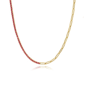 Half and Half Gemstone Tennis and Paperclip Necklace