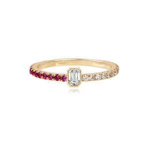 Half Pave and Half Gemstone Solitaire Bezel Diamond Ring