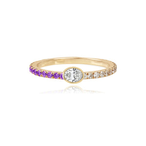 Half Pave and Half Gemstone Solitaire Bezel Diamond Ring