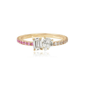 Half Pave and Half Gemstones Two-Diamond Ring