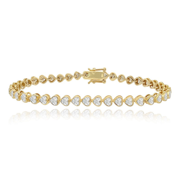 Heart diamond bezel tennis bracelet in 14k gold, dainty luxury fine jewelry with romantic sparkle.