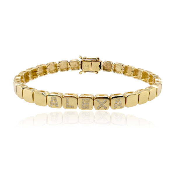 Large golden square pavé personalized bracelet, custom 14k gold jewelry with elegant sparkle