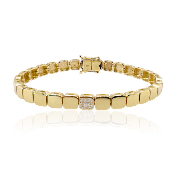 Large Golden Spaced Pave Square Bracelet in 14k gold, striking modern fine gold jewelry piece
