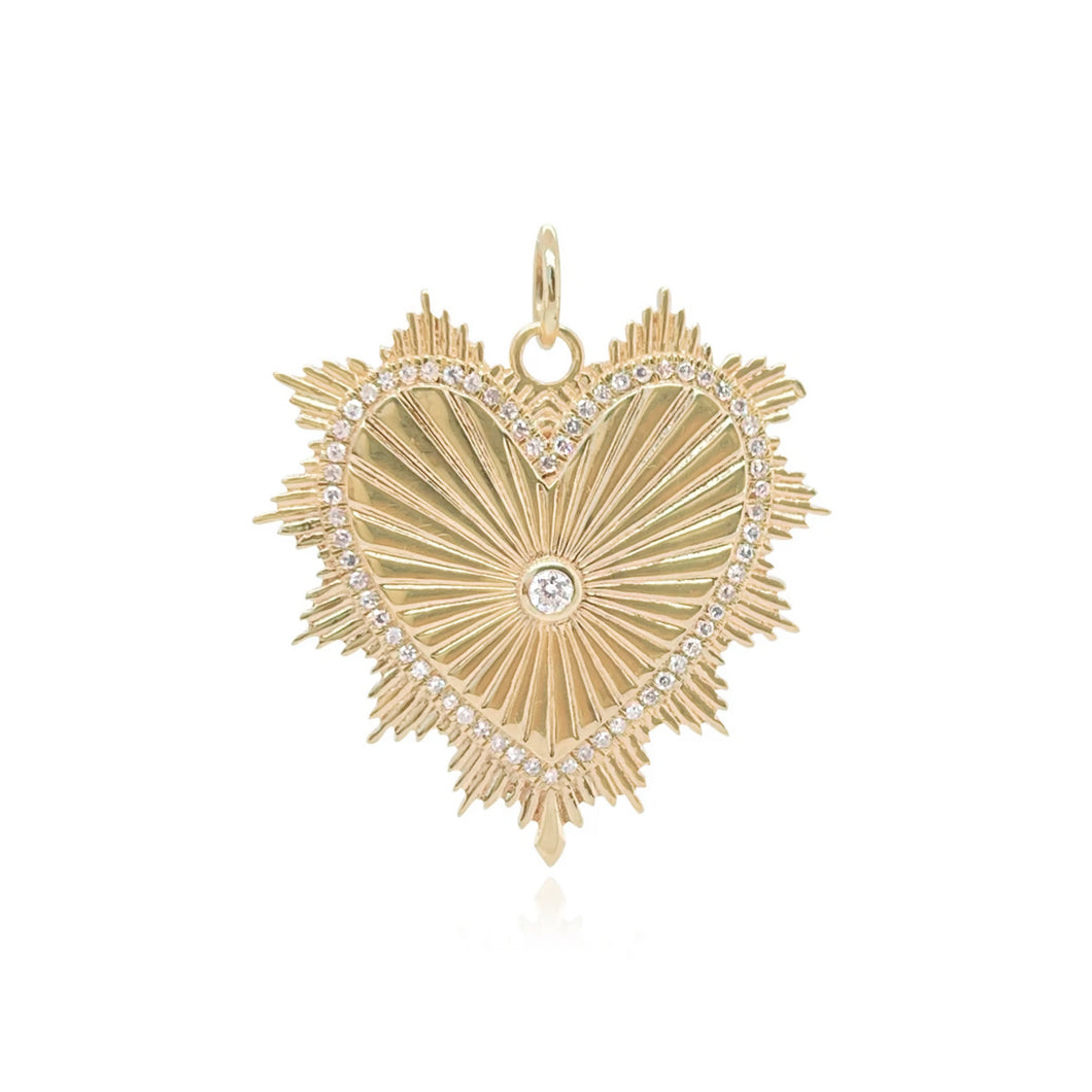 Gold Striped Pave Heart Medallion Charm