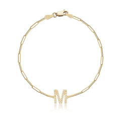 Mini pavé initial paperclip bracelet in 14k gold, perfect for custom jewelry for women.