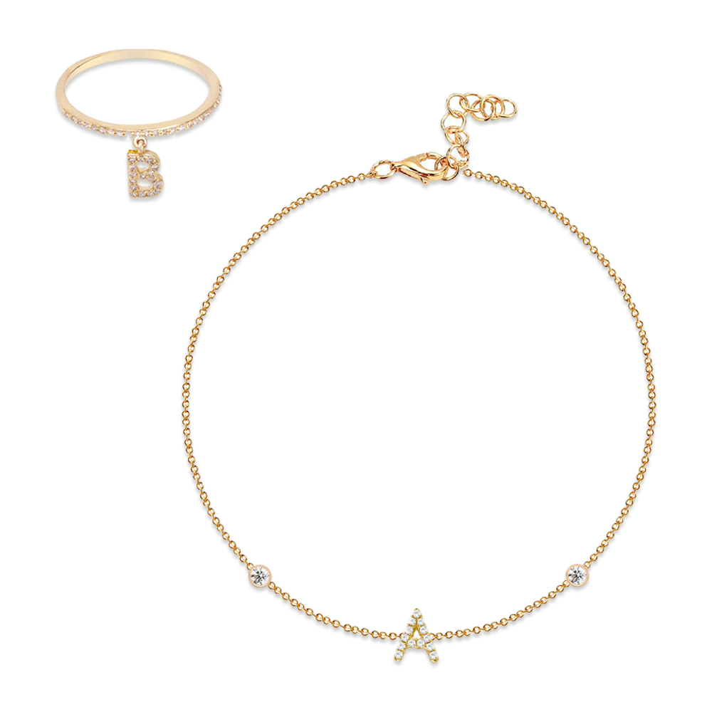 Drop Initial Pave Ring + Initial Pave Bezel Bracelet
