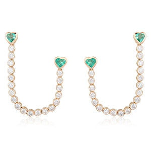 Emerald Hearts and Bezel Diamonds Chain Earring