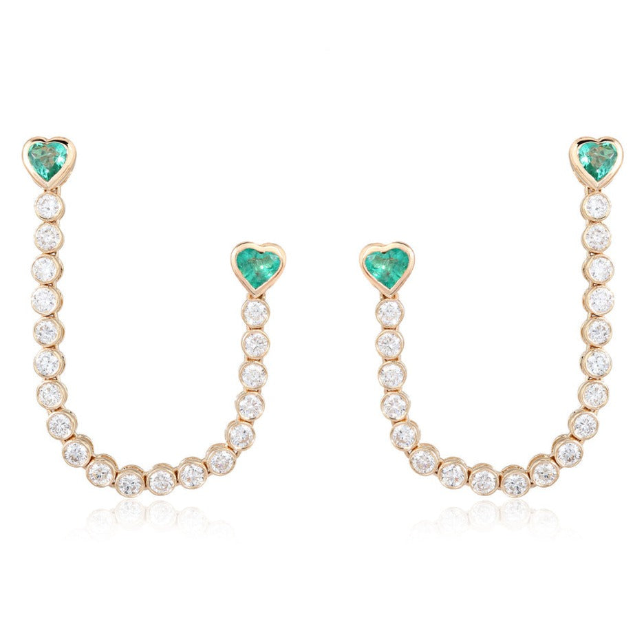 Emerald Hearts and Bezel Diamonds Chain Earring