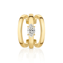 Three Stripe Solitaire Gold Cuff features luxury gold jewelry aesthetic with a single sparkling diamond