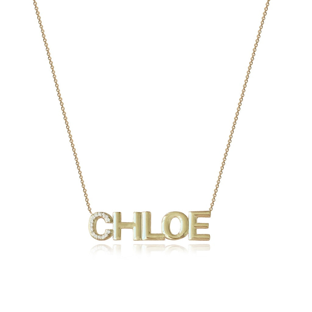 Large Pave Initial and Gold Name Necklace