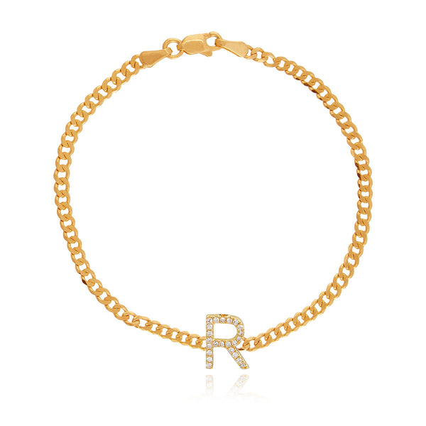 Pavé initial flat Cuban anklet in 14k gold, custom luxury jewelry with dazzling diamond detail