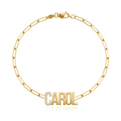 Personalized pavé and gold paperclip bracelet in 14k gold, unique custom jewelry.