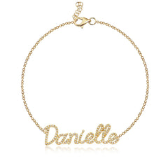Pavé Name Bracelet in 14k gold, luxury diamond jewelry, personalized custom design for women.