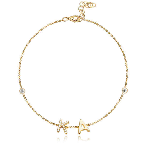 Pavé and Gold Initials Bracelet in 14k gold, elegant custom jewelry for women, luxury feel.