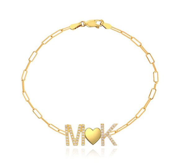 Pavé Initials and Two Gold Charm Paperclip Bracelet in 14k gold, personalized luxury fine jewelry.