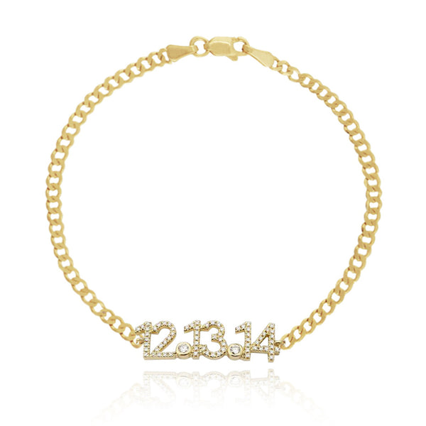 Pavé Date Flat Cuban Bracelet in 14k gold, custom date jewelry with luxury fine diamond finish.