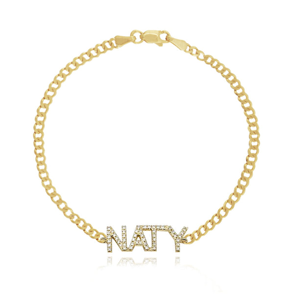 Pavé Name Flat Cuban Bracelet in 14k gold, bold personalized jewelry with luxury diamond style.