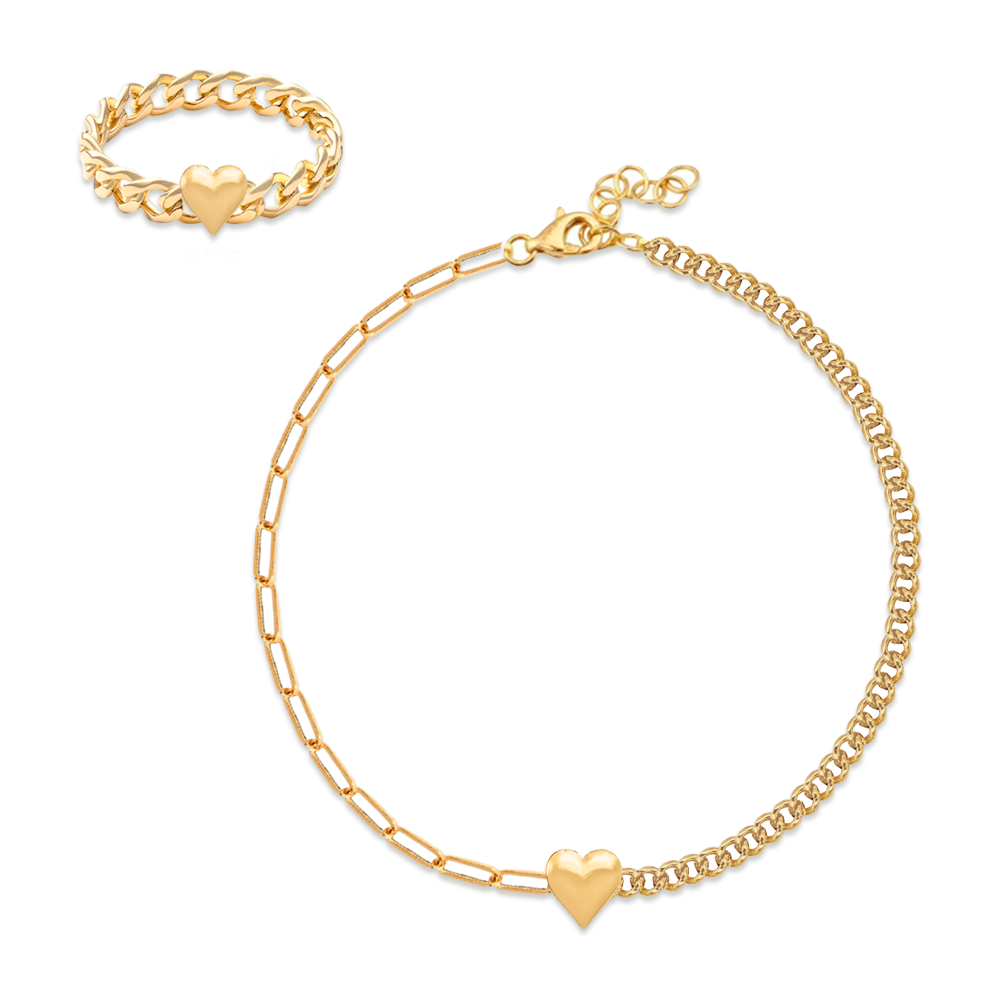 Puffy Gold Heart Cuban Chain Ring + Puffy Gold Heart Half Cuban & Paperclip Bracelet