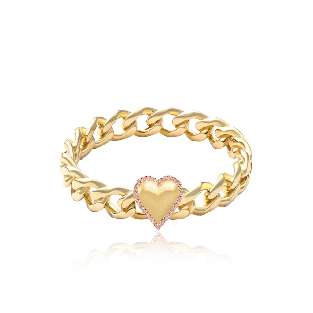 Puffy gold heart with pink sapphire pave outline cuban ring