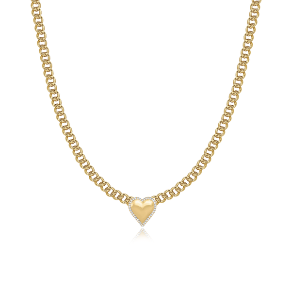 Puffy heart with pave outline cuban necklace