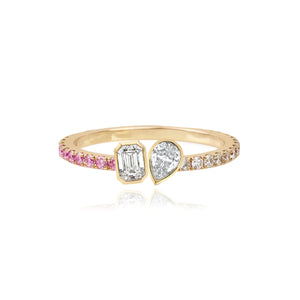 Two-Diamond Bezel Ring Half Pave and Half Gemstones