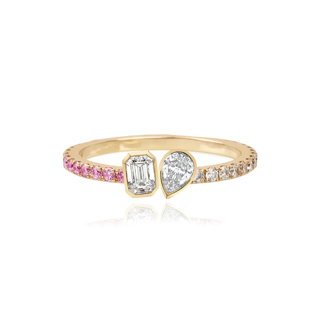 Two-Diamond Bezel Ring Half Pave and Half Gemstones