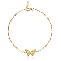 Delicate striped butterfly bracelet featuring center diamond in 14k gold, dainty fine jewelry, affordable luxury jewelry.