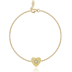 Elegant striped heart bracelet with center diamond in 14k gold, romantic fine jewelry, luxury timeless design.