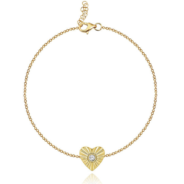 Elegant striped heart bracelet with center diamond in 14k gold, romantic fine jewelry, luxury timeless design.