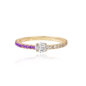 Half Pave and Half Gemstone Solitaire Diamond Ring