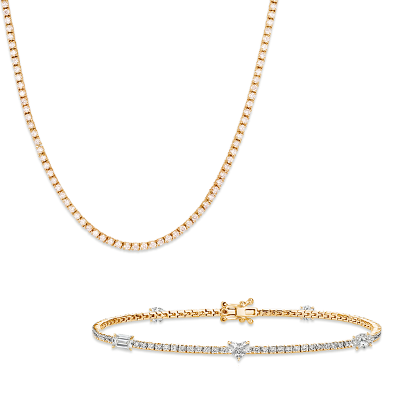 Thin Diamond Tennis Necklace + Five Multi Shape Diamond Tennis Bracelet