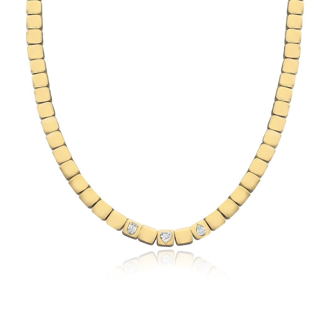 Large Three Diamond Golden Square Necklace