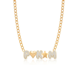 Three Pave Initials and Gold Charms Cuban Necklace