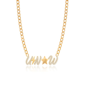 Three Pave Initials and Gold Charms Cuban Necklace