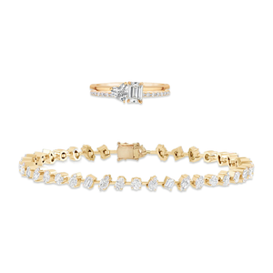 Two Band Two Diamond Pave and Gold Ring + Diagonal Multi Shape Diamond Tennis Bracelet