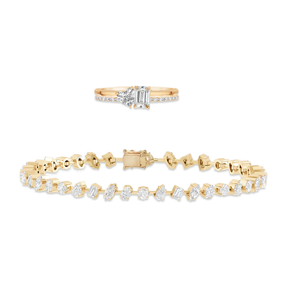 Two Band Two Diamond Pave and Gold Ring + Diagonal Multi Shape Diamond Tennis Bracelet