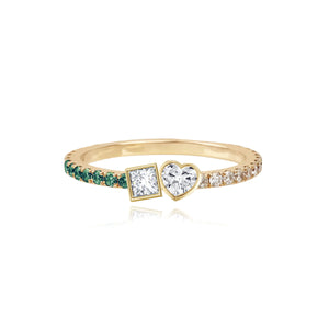 Two-Diamond Bezel Ring Half Pave and Half Gemstones
