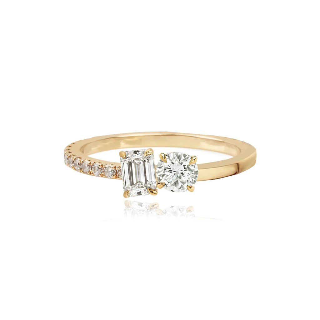 Two-Diamonds Half Pave and Half Gold Ring