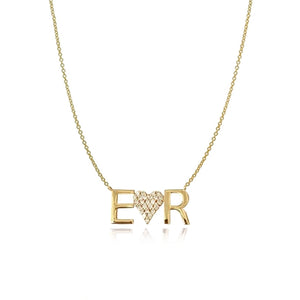 Two Gold Initials and Pave Heart Necklace