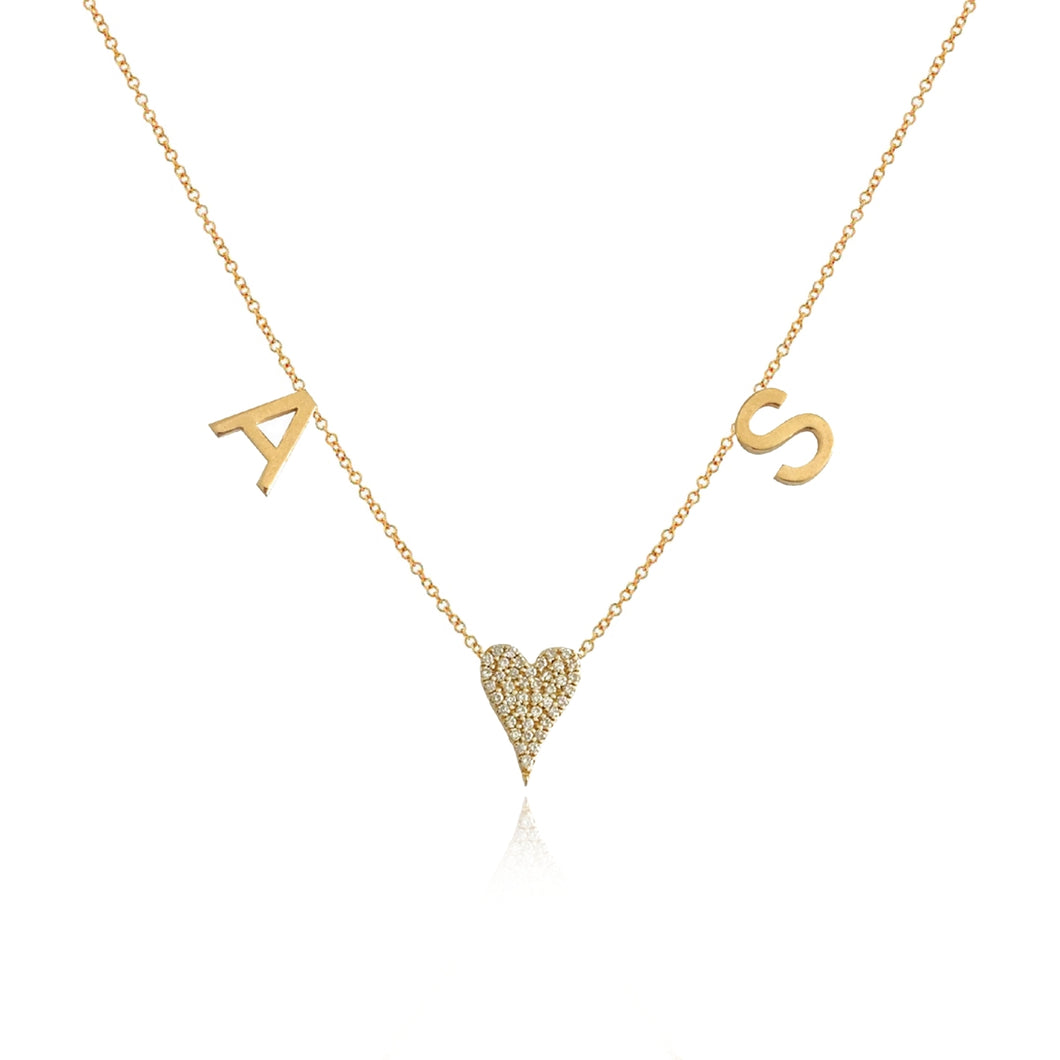 Gold Initials and Pave Heart Necklace