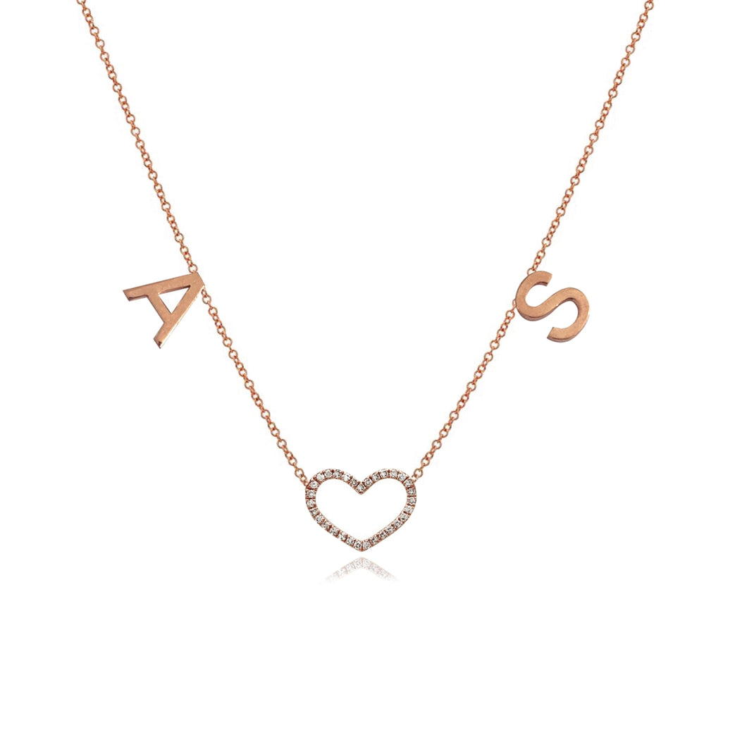 Gold Initials and Cutout Pave Heart Necklace