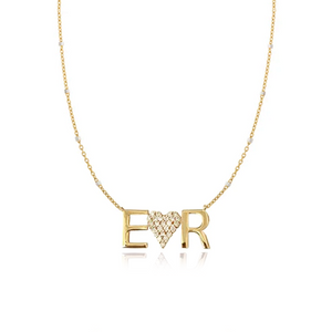 Two Gold Initials and Pave Heart Necklace