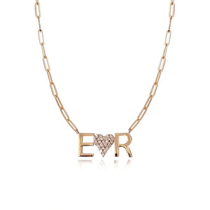 Two Gold Initials and Pave Heart Necklace