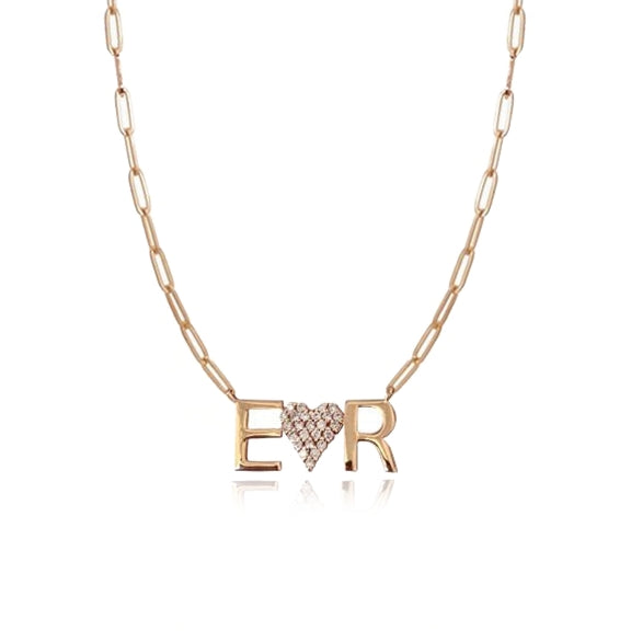 Two Gold Initials and Pave Heart Necklace