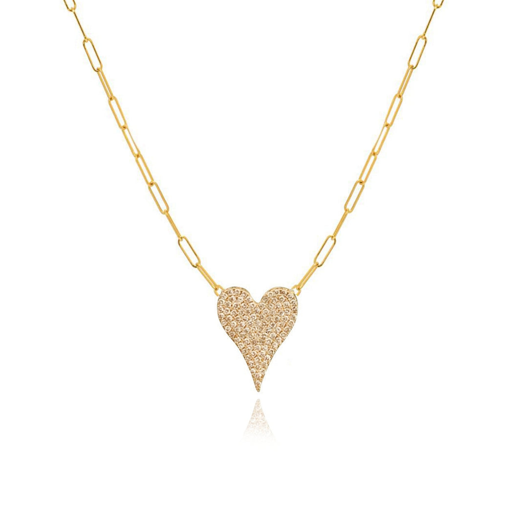 Large Pave Heart Paperclip Necklace